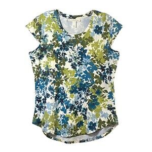 Emaline Floral T Shirt Womens Size Small Green Blue Multi Cap Sleeves Excellent